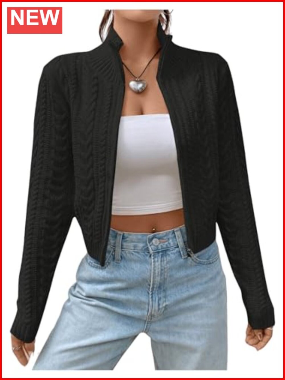 Cropped Cable Knit Zip Cardigan Long Sleeve Stand Collar Sweater